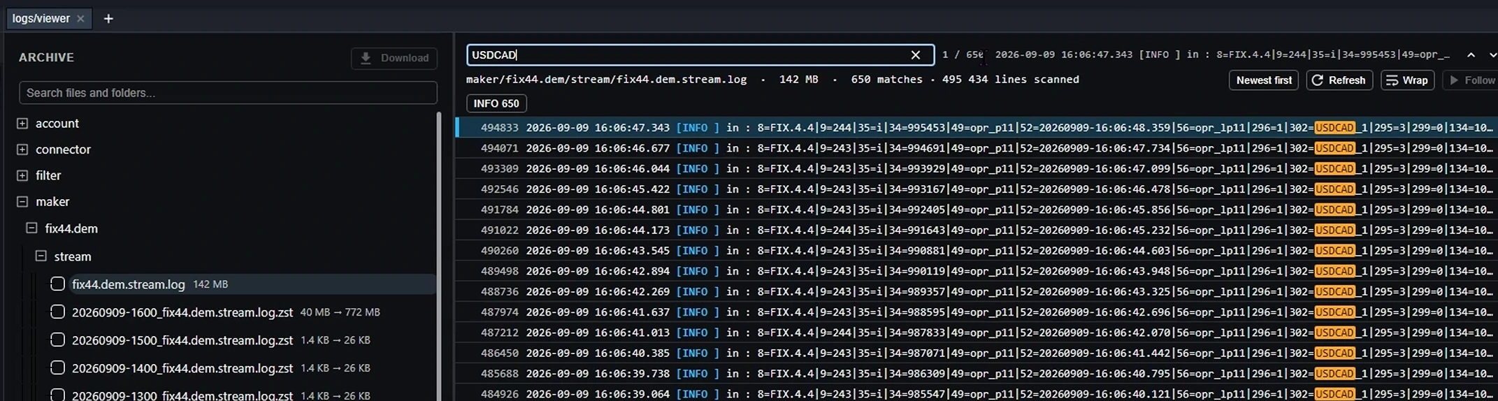 Log Viewer showing the archive tree and a filtered FIX stream log