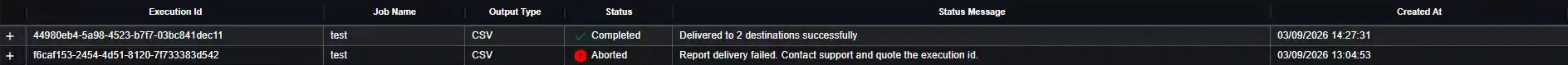 Scheduler Logs showing a completed and an aborted run of the same task with their status messages