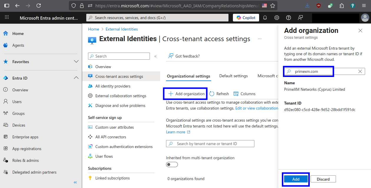 Screenshot: Adding primexm.com organization