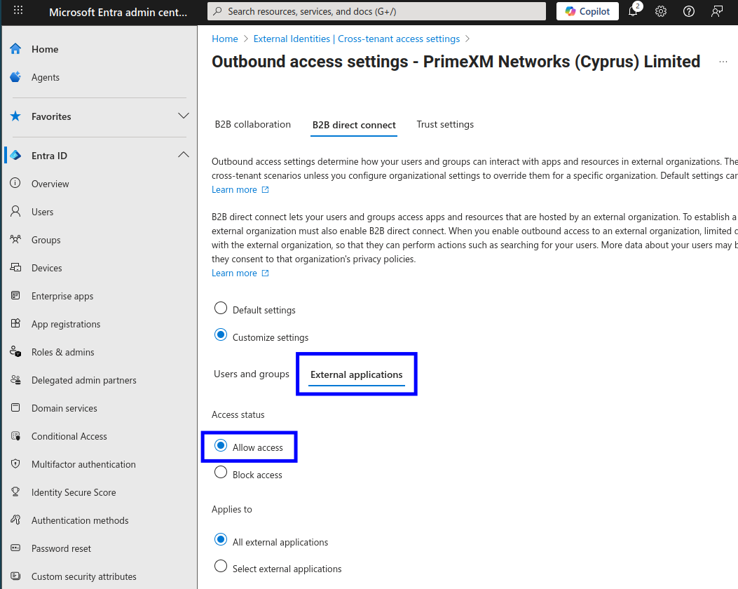 Screenshot: B2B direct connect external applications settings