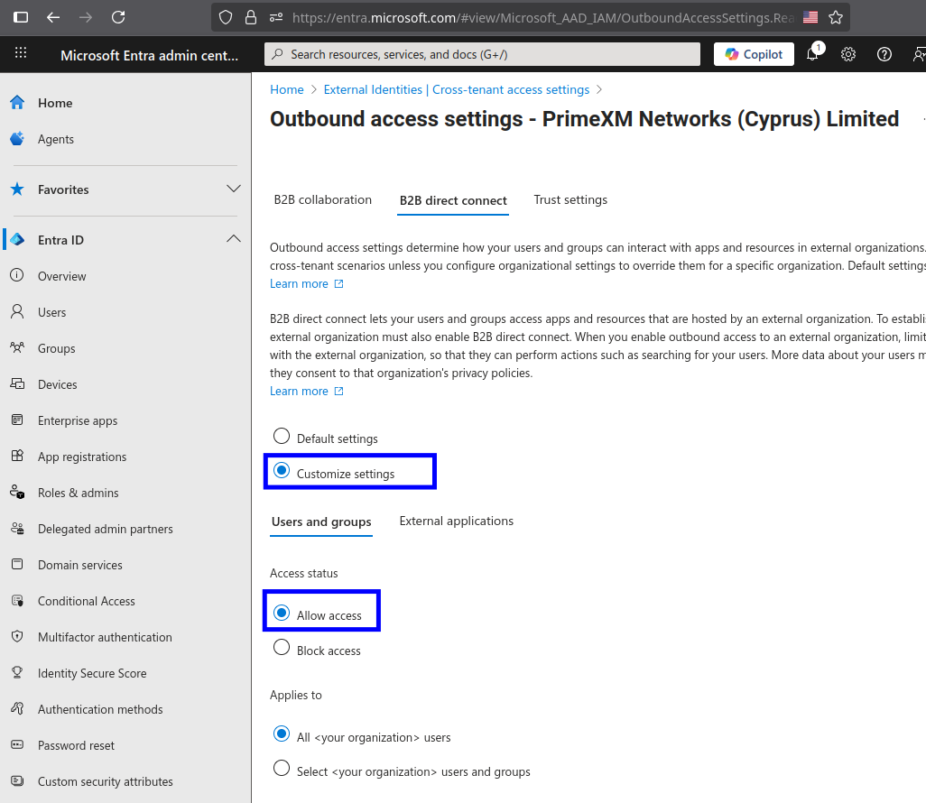 Screenshot: B2B direct connect users and groups settings