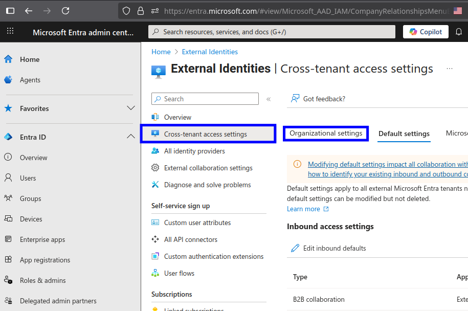 Screenshot: Cross-tenant access settings option