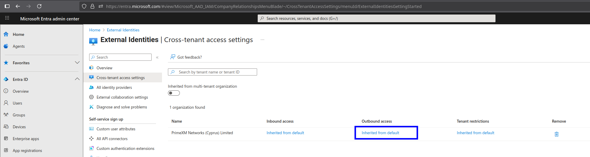 Screenshot: Outbound access settings